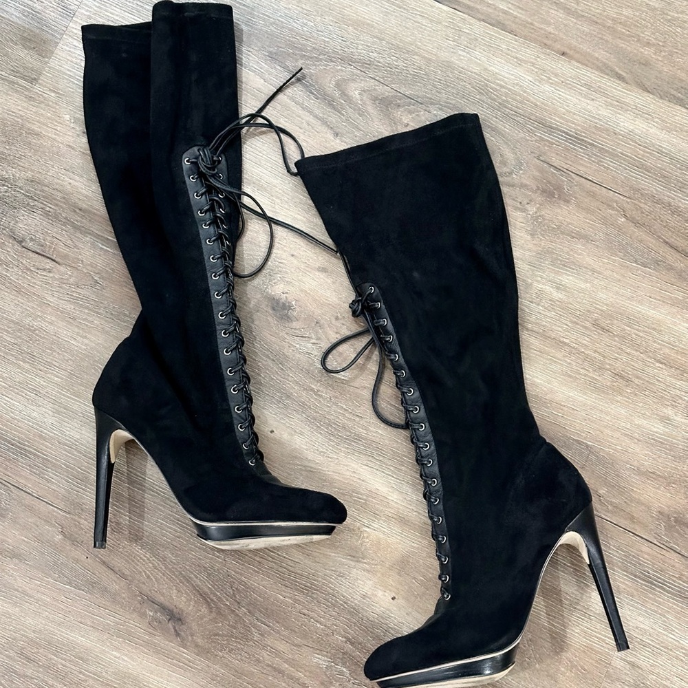 VINTAGE Bebe “Honor” Black Suede Knee High Zip Up Boots 6.5